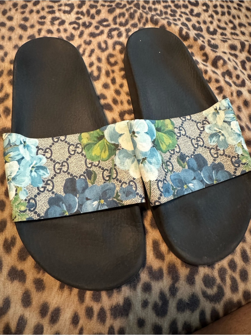 Gucci Blue Floral Logo Slide Sandals